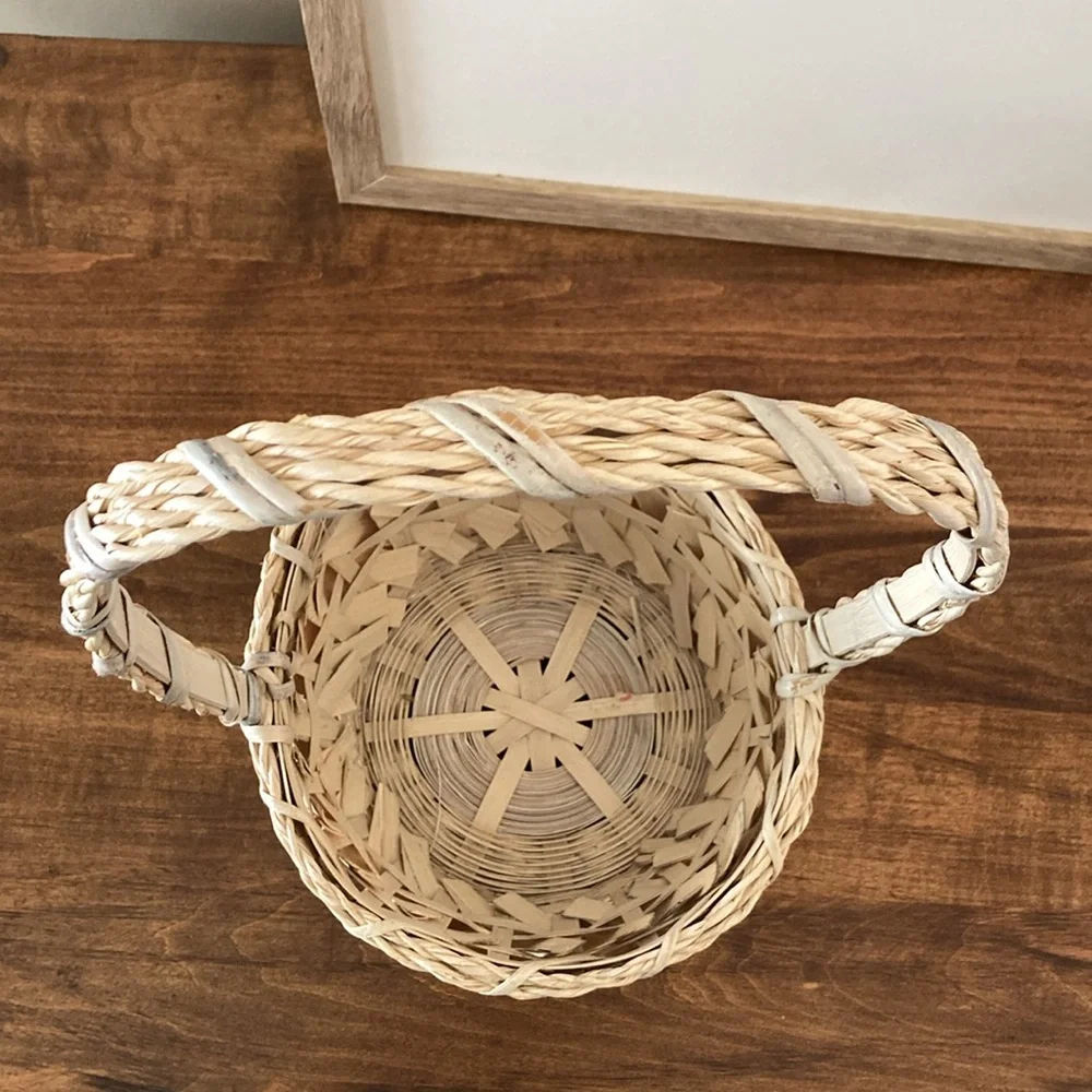 Vintage Woven Cream Basket with Handle, Easter Basket